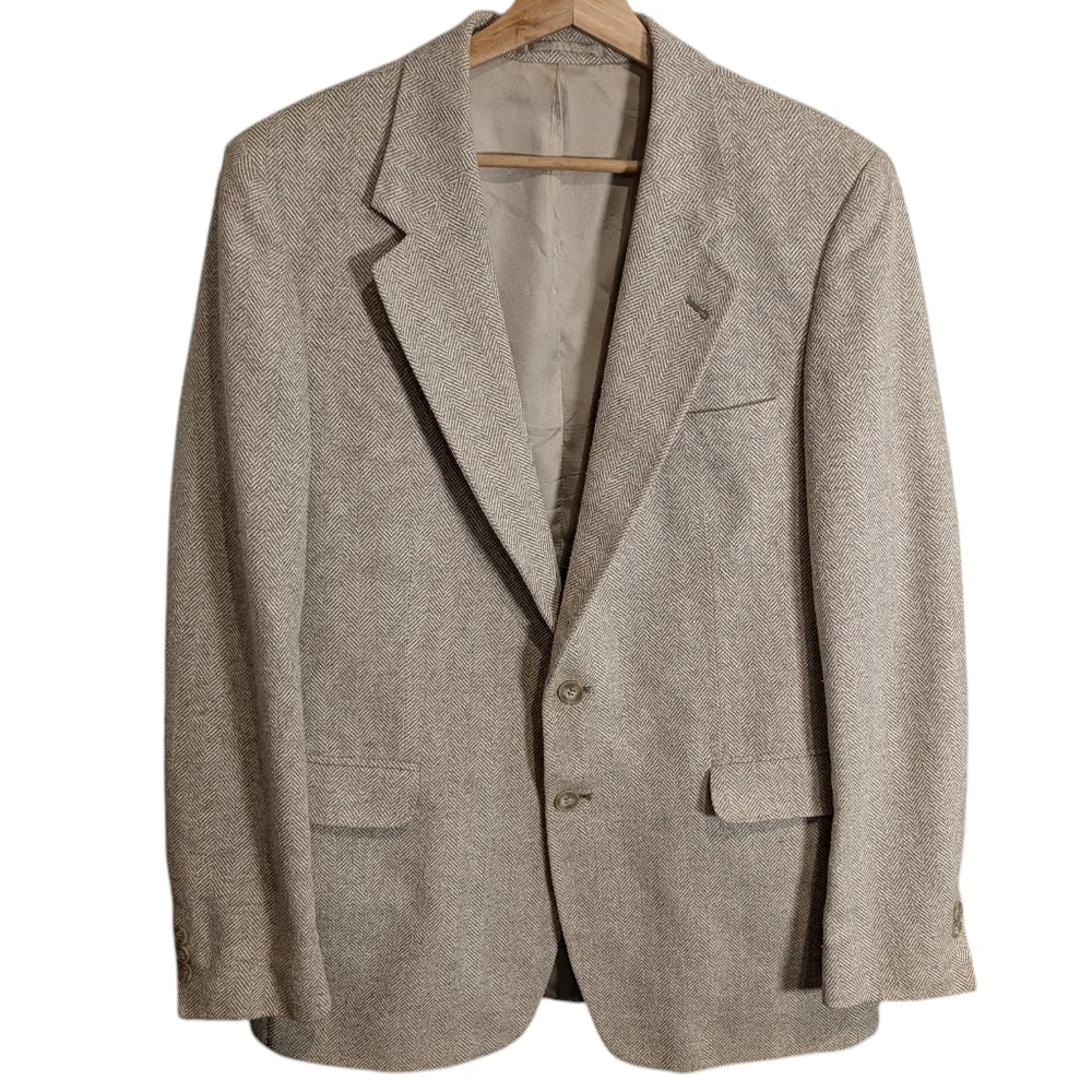Men's Sport Coat Tan Blazer‎ Woodmere Herringbone Vintage Wool 2 Button Sz 42